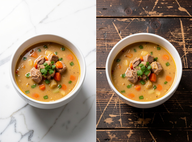 The same bowl of soup shown on a bright marble surface versus a dark scarred wood surface