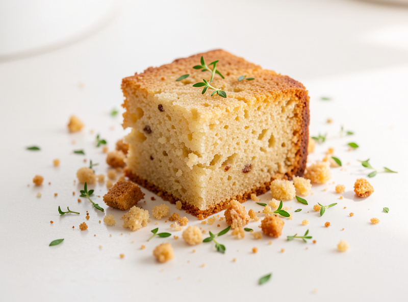 Loose crumbs and a scatter of fresh herbs styled around a slice of cake to imply a human just stepped away