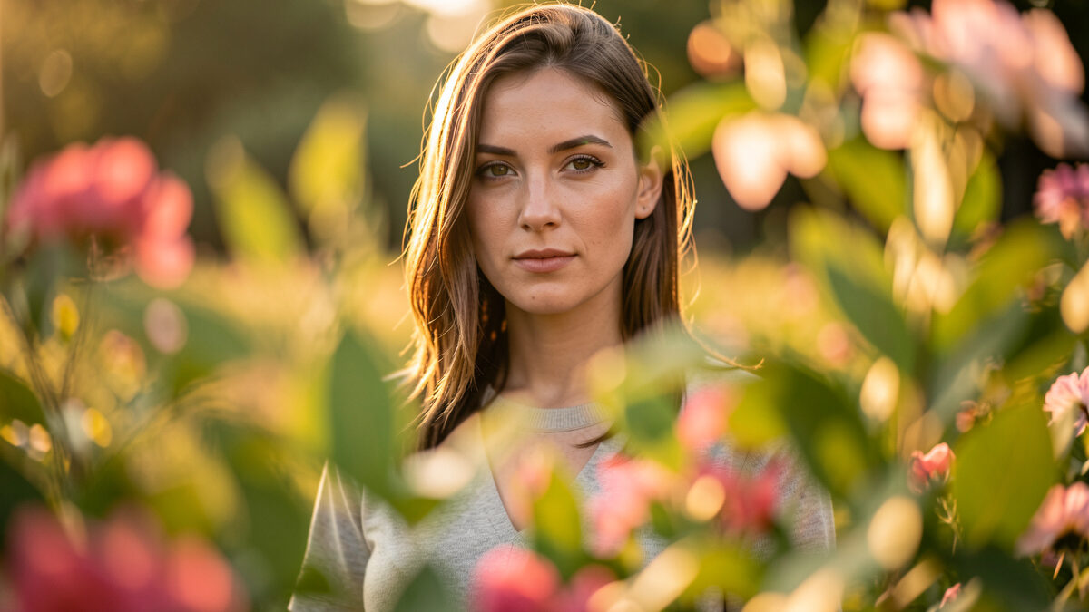Portrait framed by a soft out-of-focus foreground of leaves adding layered depth