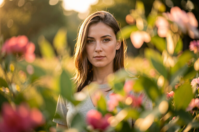 Portrait framed by a soft out-of-focus foreground of leaves adding layered depth