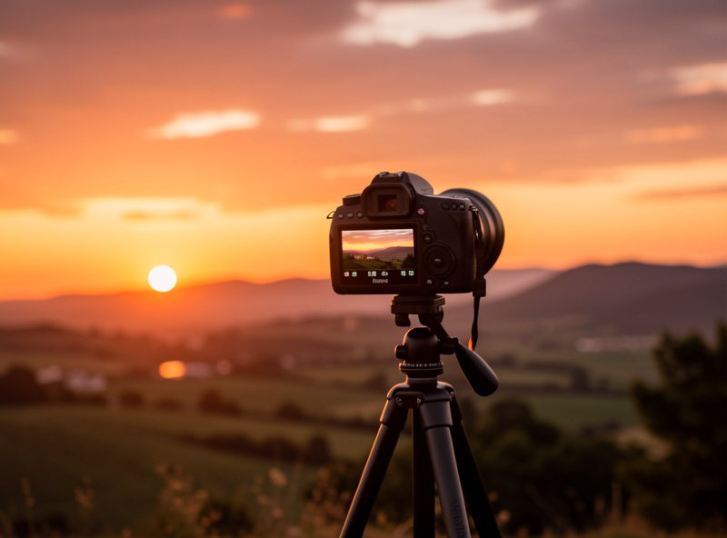 Photographer bracketing exposures on a tripod at sunset, camera screen showing multiple frames