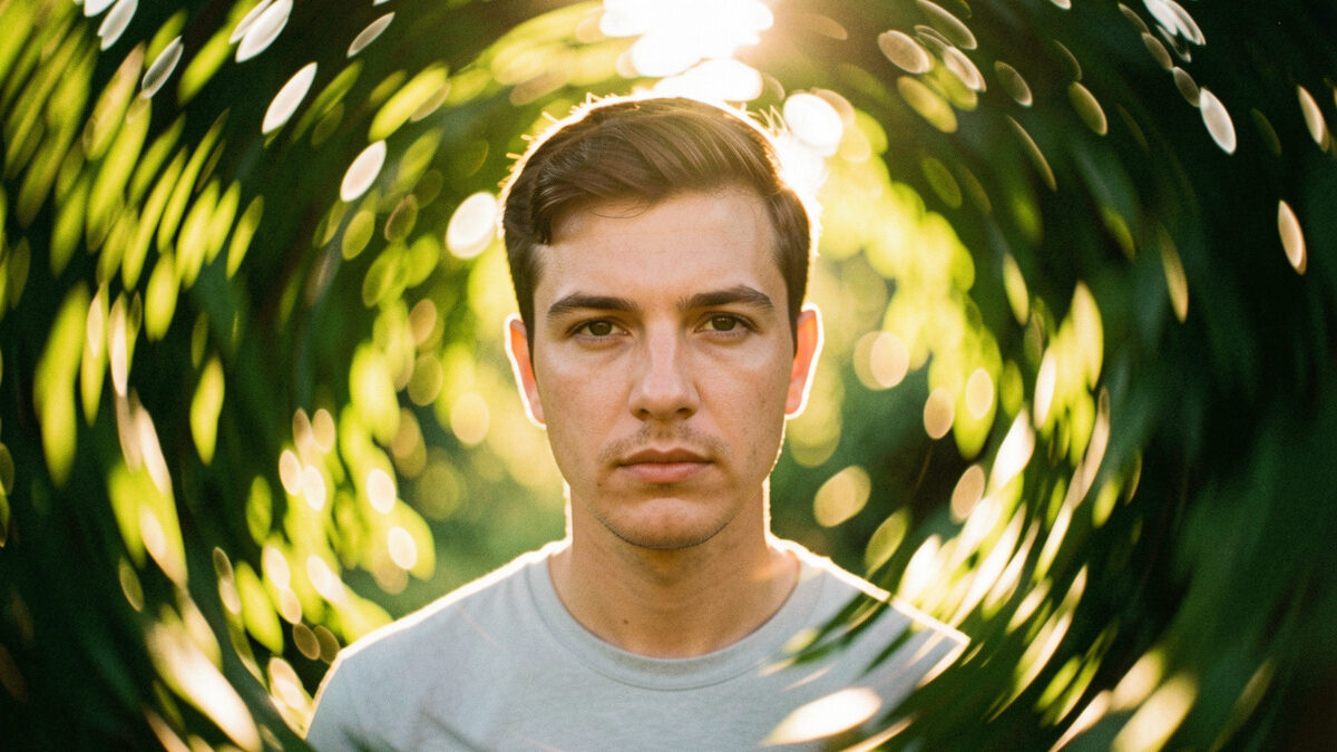 Portrait against a swirling Helios 44-2 bokeh background