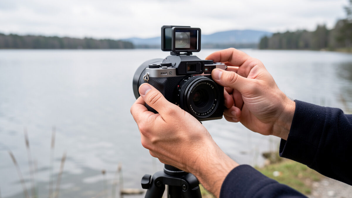 Hands adjusting the shutter dial on a tripod-mounted camera with an ND filter at a lakeside