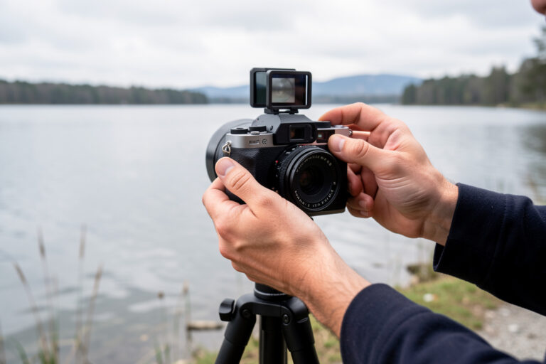 Hands adjusting the shutter dial on a tripod-mounted camera with an ND filter at a lakeside