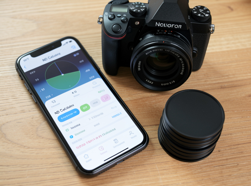 Smartphone showing a long exposure ND calculator app beside a camera and a stack of neutral density filters on a wooden table