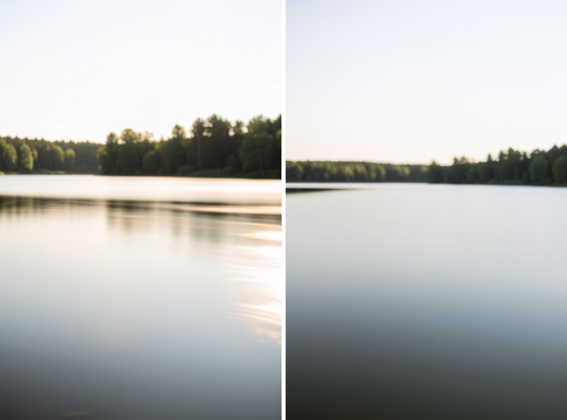 Two side-by-side long exposure frames of the same lake, one with light streaks and one smooth, showing shutter time difference