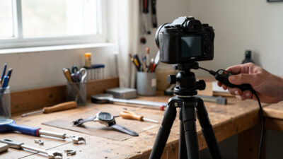 Mirrorless camera locked on a carbon tripod with geared head, cable release in hand, aimed at a watch and tools on a workbench