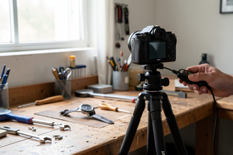 Mirrorless camera locked on a carbon tripod with geared head, cable release in hand, aimed at a watch and tools on a workbench