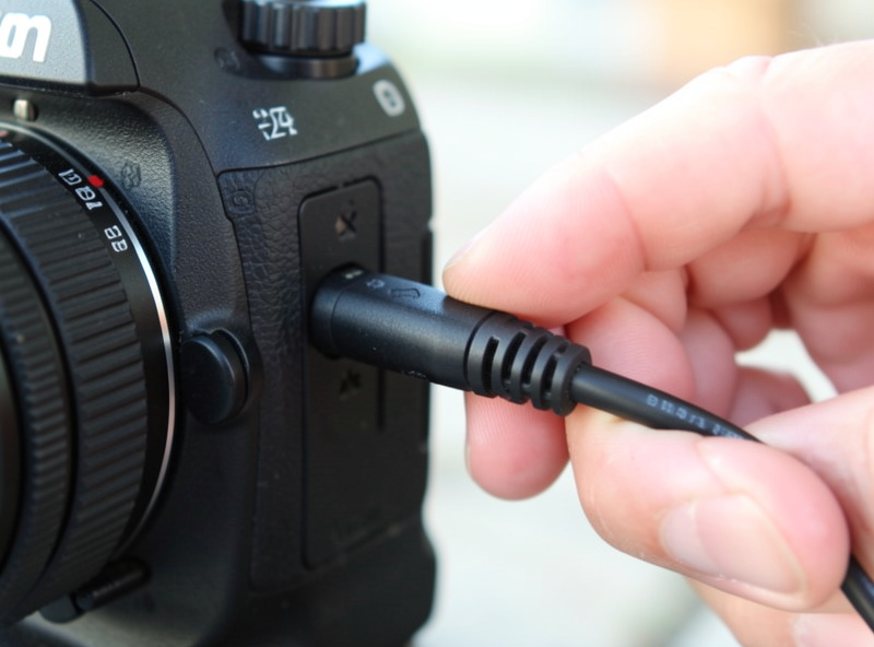 Close-up of a thumb pressing a wired cable shutter release plugged into the side of a mirrorless camera body, shallow depth of field