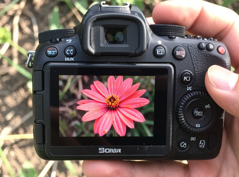 Camera rear LCD with red focus-peaking highlights crawling across the petals of a single flower as the focus ring is turned