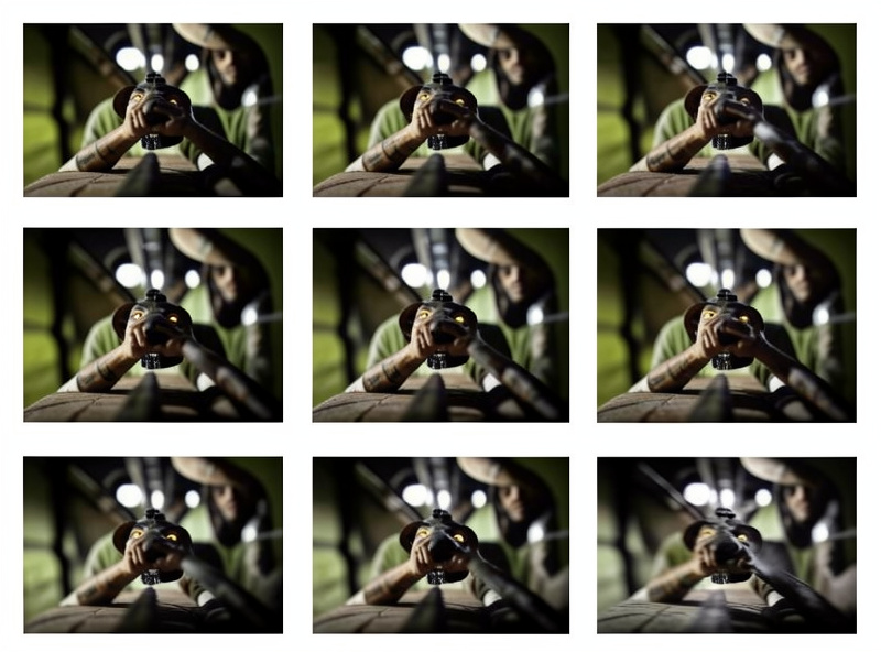 Flat lay contact sheet of eight nearly identical frames with the focus plane shifting progressively deeper through a subject