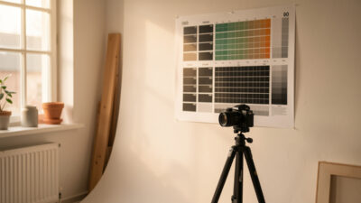 Photographer's test wall with an ISO resolution chart and a mirrorless camera on a tripod in soft window light
