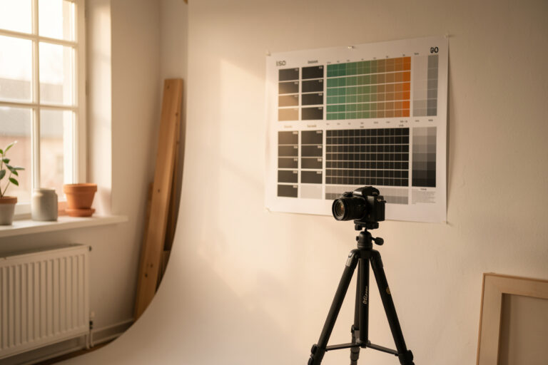 Photographer's test wall with an ISO resolution chart and a mirrorless camera on a tripod in soft window light
