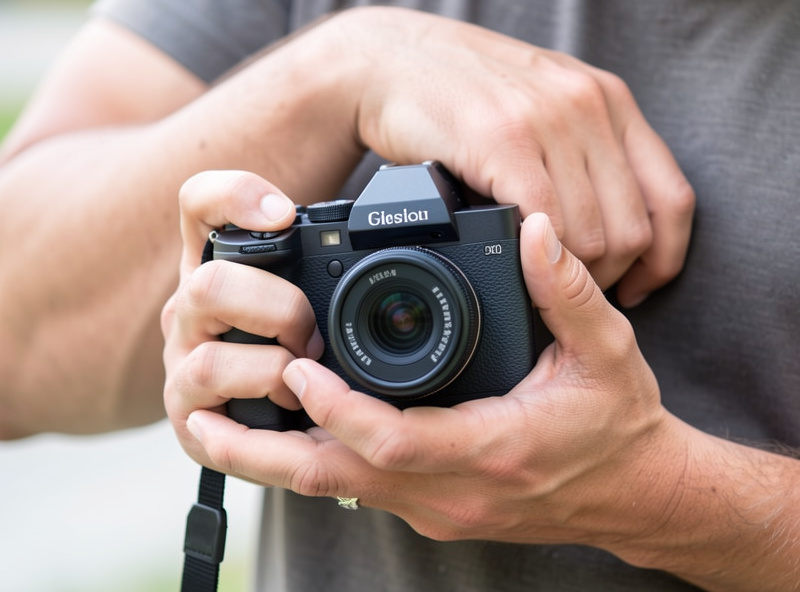 Photographer's hands cradling a mirrorless camera with the left elbow braced against the chest, thumb on the back-button focus