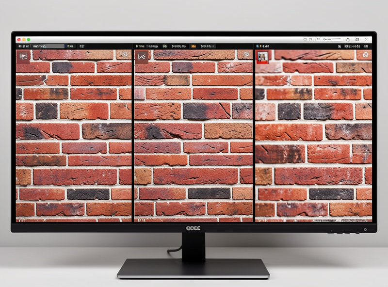 Aperture sweep test crops of the same brick wall at f/1.4, f/5.6 and f/16 shown side by side on a calibrated monitor