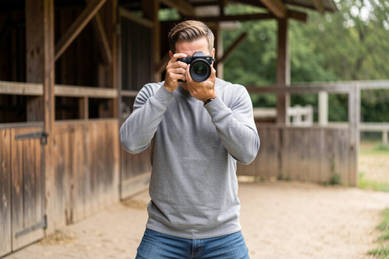 Photographer in a stable wide standing stance with elbows tucked, holding a mirrorless camera to the eye outdoors