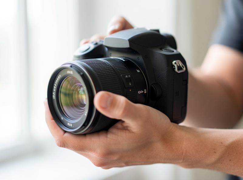 Close-up of the correct camera grip with the left hand cradling a lens from underneath and the right hand on the body