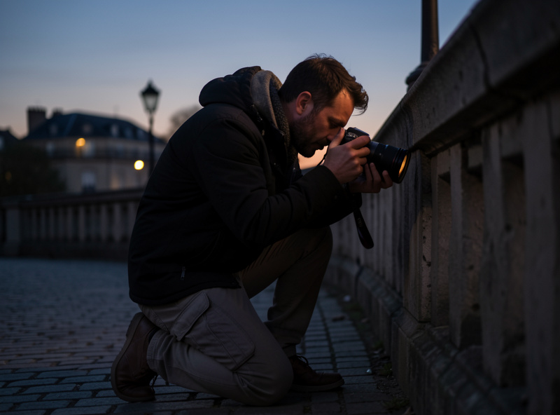 Photographer kneeling and bracing a mirrorless camera against a stone bridge railing to steady a low-light dusk shot