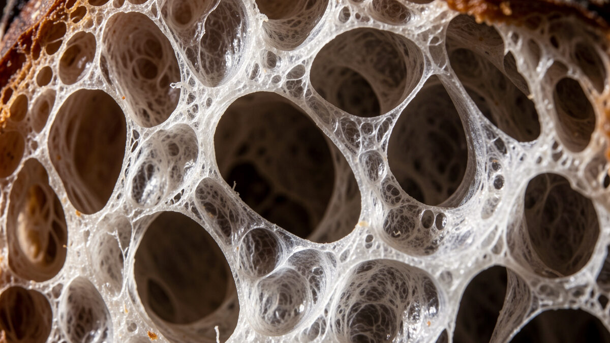 Extreme macro of an open sourdough crumb with irregular holes under low raking side light