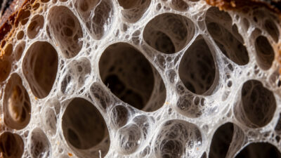 Extreme macro of an open sourdough crumb with irregular holes under low raking side light