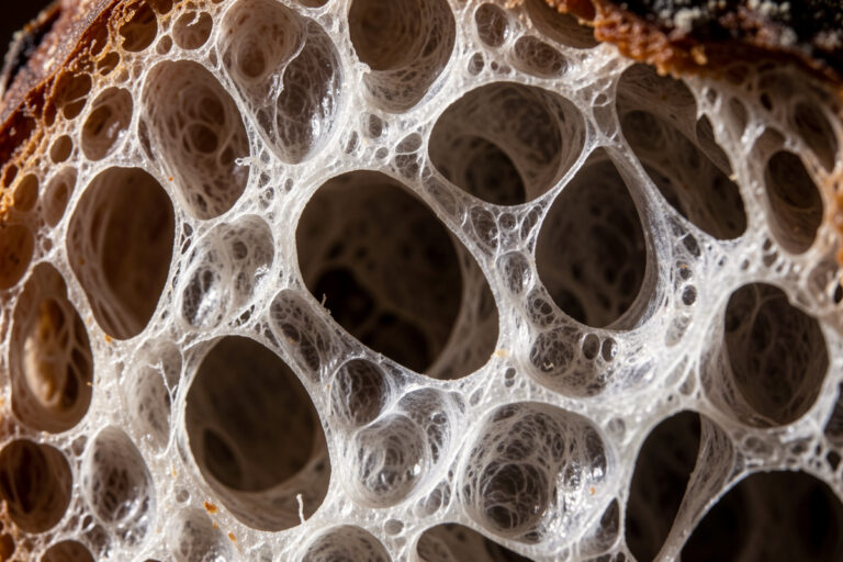 Extreme macro of an open sourdough crumb with irregular holes under low raking side light