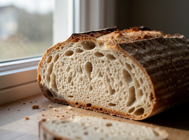 Extreme macro of an open sourdough crumb with irregular holes and translucent walls under low raking side light
