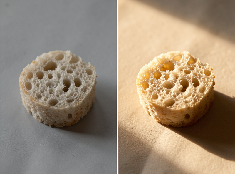 A freshly cut sourdough loaf with its cut face nearly parallel to a low window, light grazing across the crumb