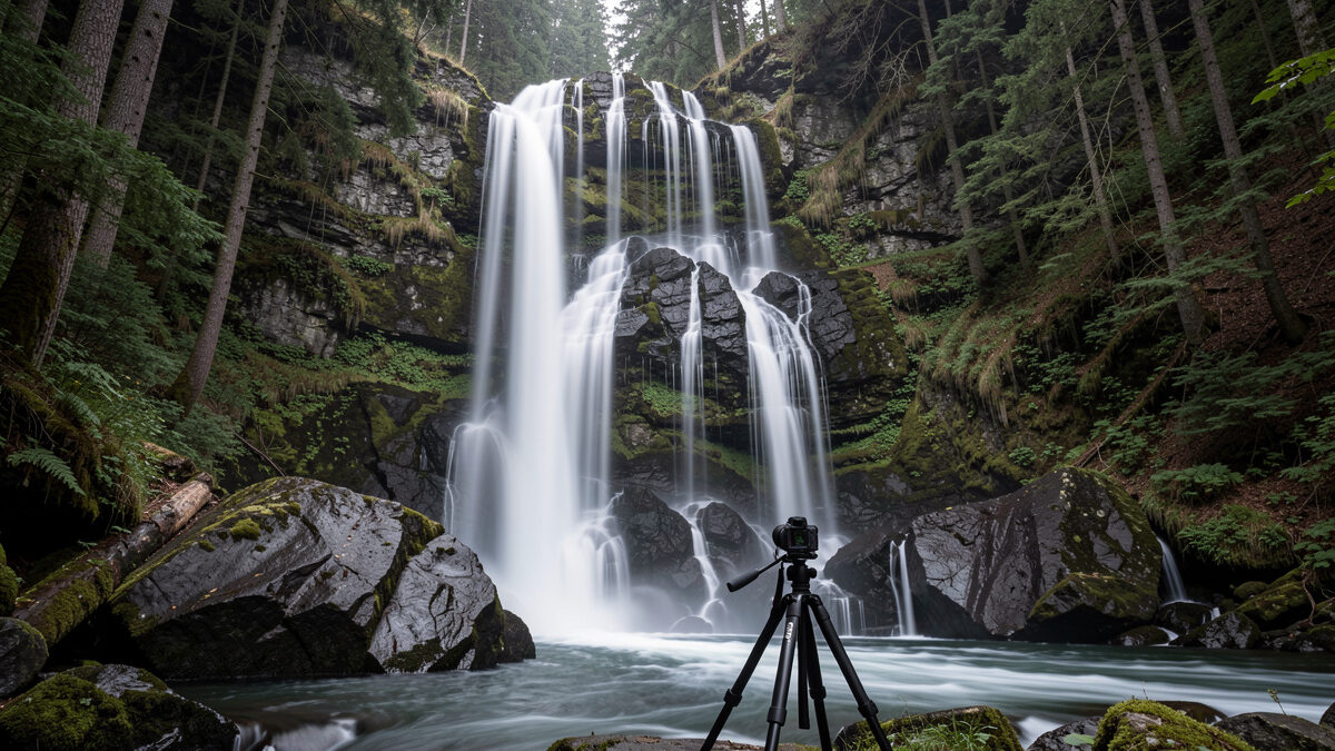 Forest waterfall shot as a long exposure with silky smooth water over mossy rocks