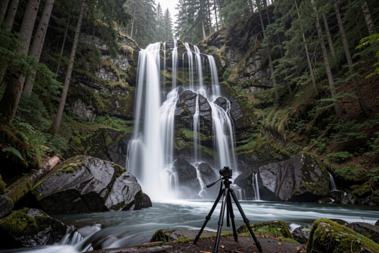 Forest waterfall shot as a long exposure with silky smooth water over mossy rocks
