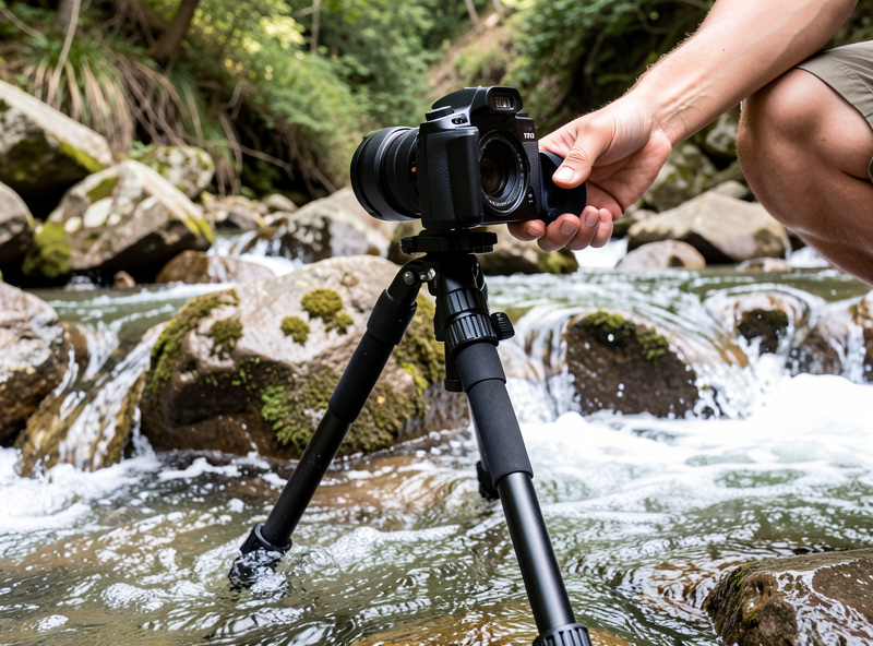 Camera on a tripod low to a rocky stream with a hand on the shutter release and water rushing around the tripod legs