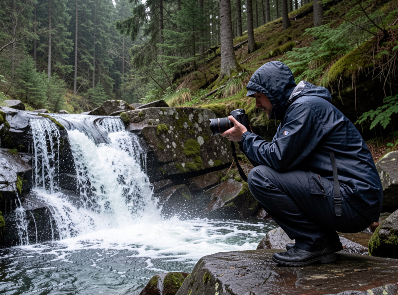Photographer in a rain jacket crouched beside a small waterfall composing a shot on wet rocks