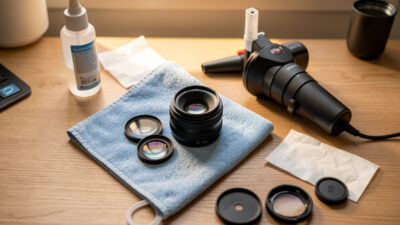 Lens care workbench with cleaning tools, air blaster, and optical elements