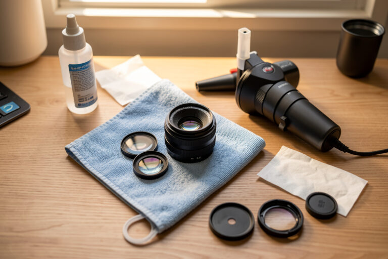 Lens care workbench with cleaning tools, air blaster, and optical elements