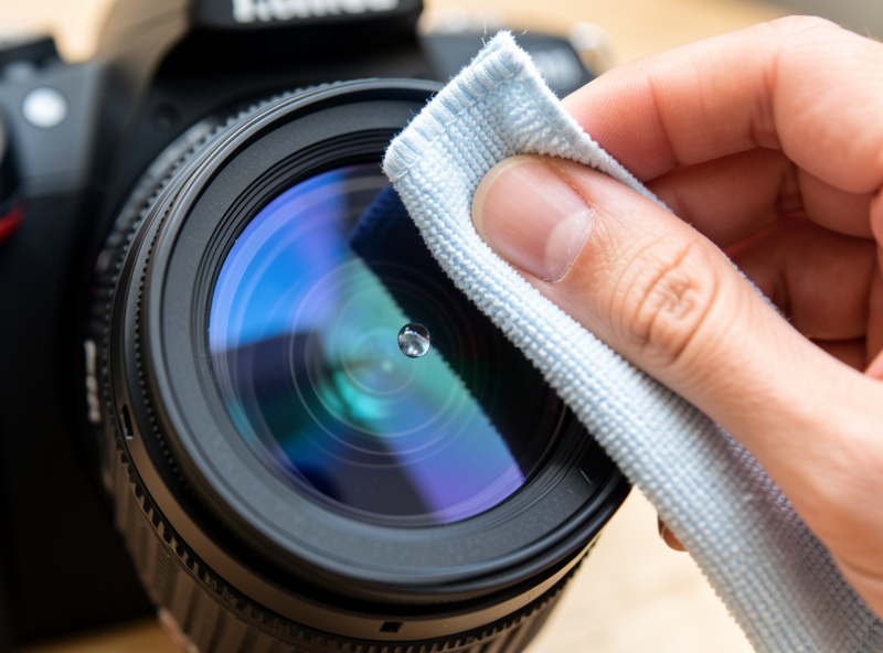 Close-up of a microfiber cloth wiping the coated front element of a camera lens with a drop of cleaning fluid