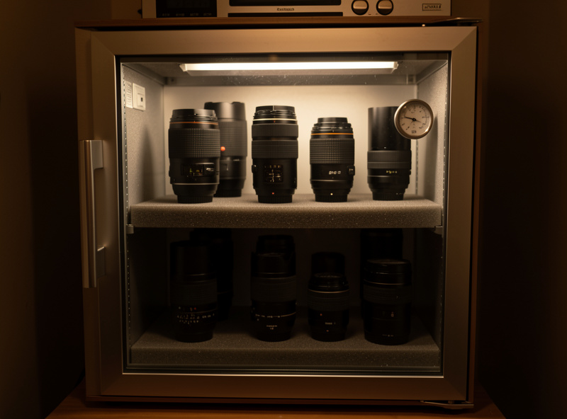 Electronic dry cabinet with prime lenses standing upright on foam-lined shelves and a hygrometer on the door