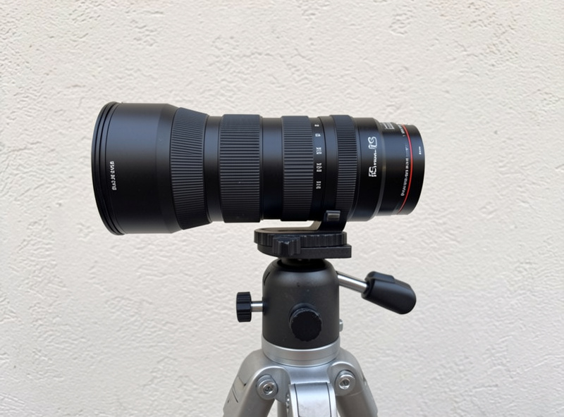 Telephoto prime lens on a geared tripod head, leveled and pointed squarely at a flat textured wall for a decentering test