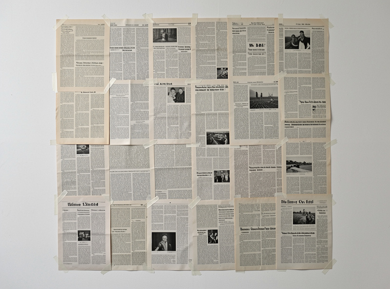 Flat wall covered with overlapping newspaper pages used as a corner-to-corner lens sharpness test target