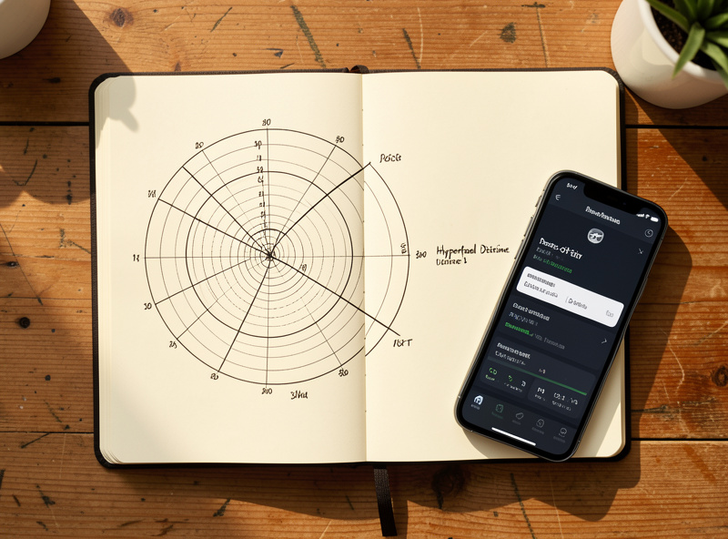 Top-down flat lay of a notebook with a hand-drawn hyperfocal distance chart beside a phone running a depth-of-field calculator app