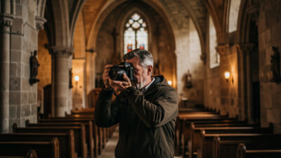 Photographer handholding a mirrorless camera at a slow shutter in a dim stone church interior