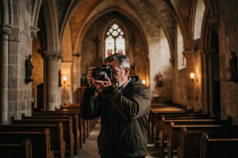 Photographer handholding a mirrorless camera at a slow shutter in a dim stone church interior