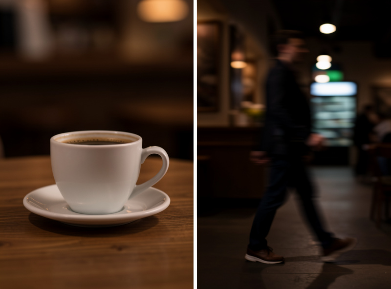 Two frames side by side: a still coffee cup tack-sharp at a slow shutter and a walking person motion-blurred in the same low light