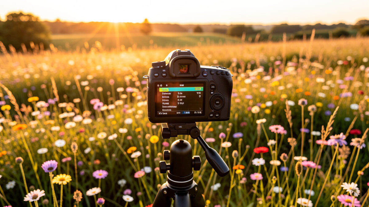 Mirrorless camera on a tripod in a meadow of wildflowers at golden hour, rear LCD glowing with a settings menu