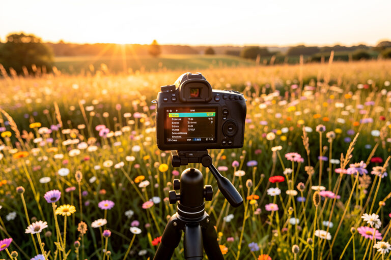 Mirrorless camera on a tripod in a meadow of wildflowers at golden hour, rear LCD glowing with a settings menu