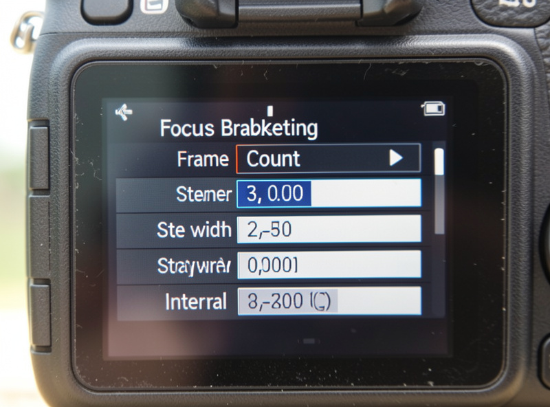 Extreme close-up of a camera rear LCD screen showing a focus bracketing menu with frame count, step width, and interval values