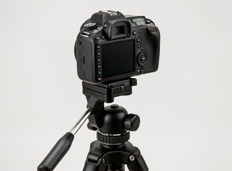 Side-angle shot of a camera body locked on a geared tripod head aimed at a small still-life subject, a cable release trailing from the side
