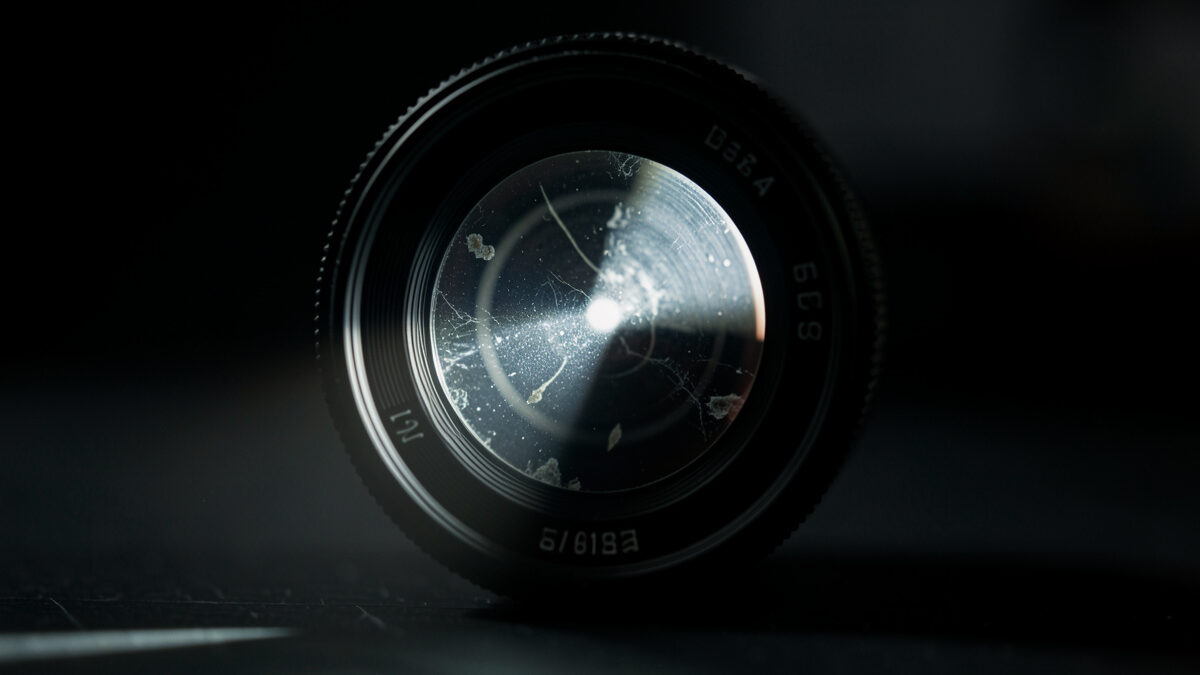 Camera lens lit by a single beam revealing internal contamination