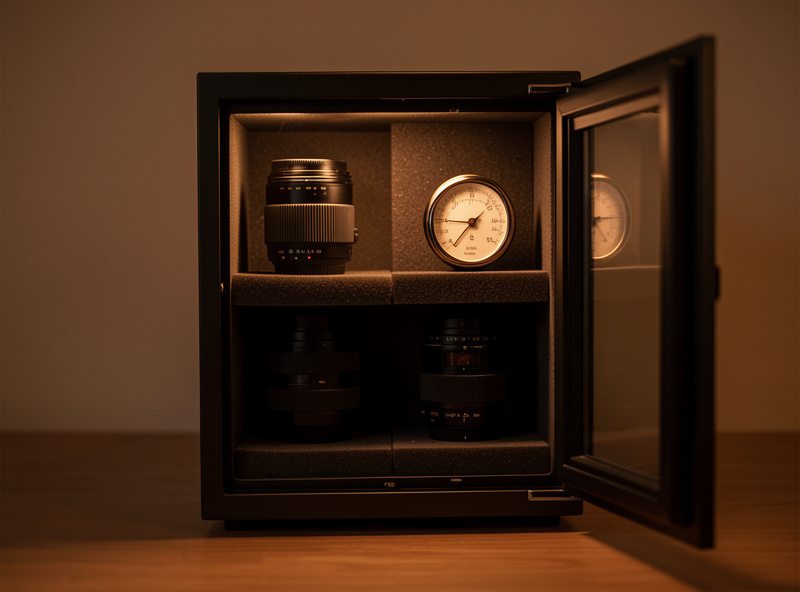 Small electronic dry cabinet for camera lenses with the door open, two prime lenses on foam shelves, and a hygrometer visible