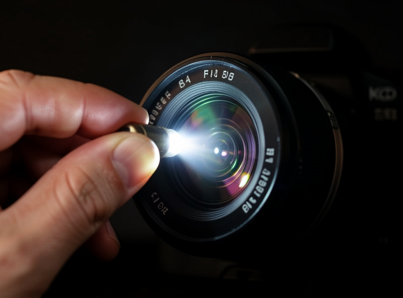 Hand holding an LED penlight at a low angle against a camera lens rear element to inspect the internal glass for fungus