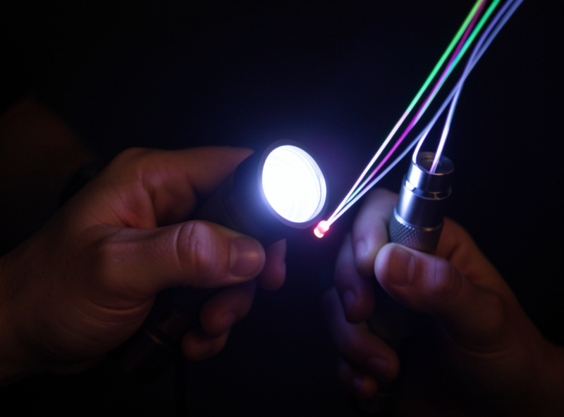 Close-up of hands holding an LED flashlight and a fiber-optic light wand used for light painting