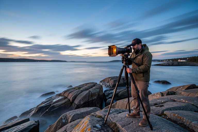 Photographer at a Swedish coastline at blue hour with a tripod-mounted camera and square ND filter